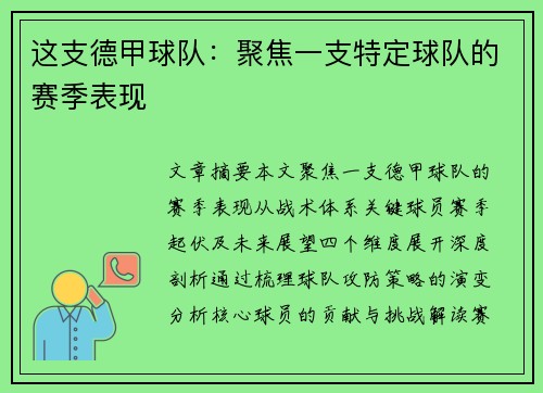这支德甲球队：聚焦一支特定球队的赛季表现